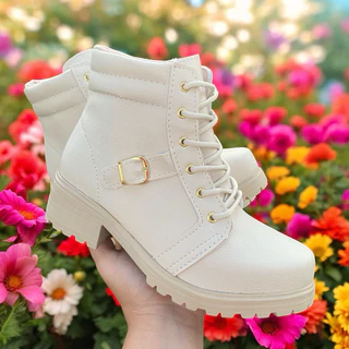 Bota feminina Virginia inverno 2024 bota cano curto solado tratorado outono inverno - COTURNO FEMININO OFF WHITE / PRETA