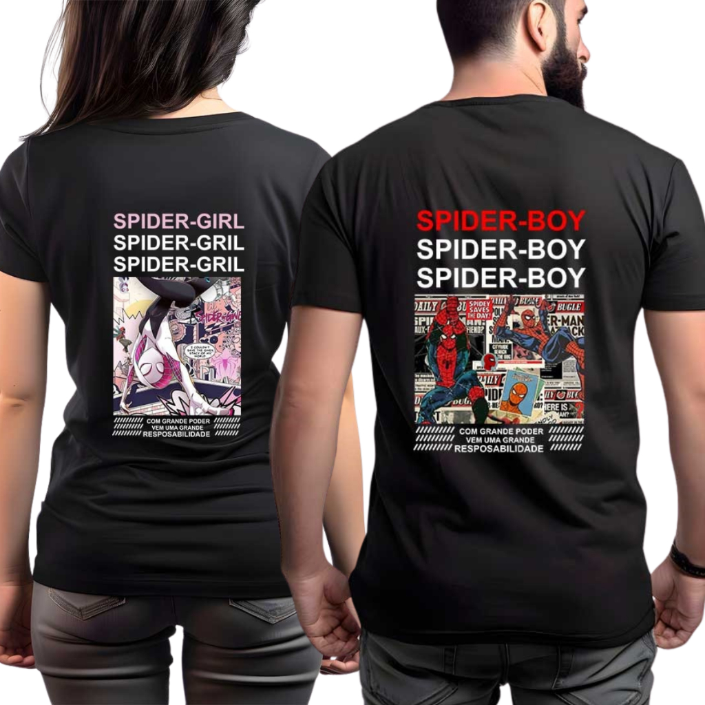 Camiseta Blusa Spider-Boy e Spider-Girl Camisa Algodão Individual