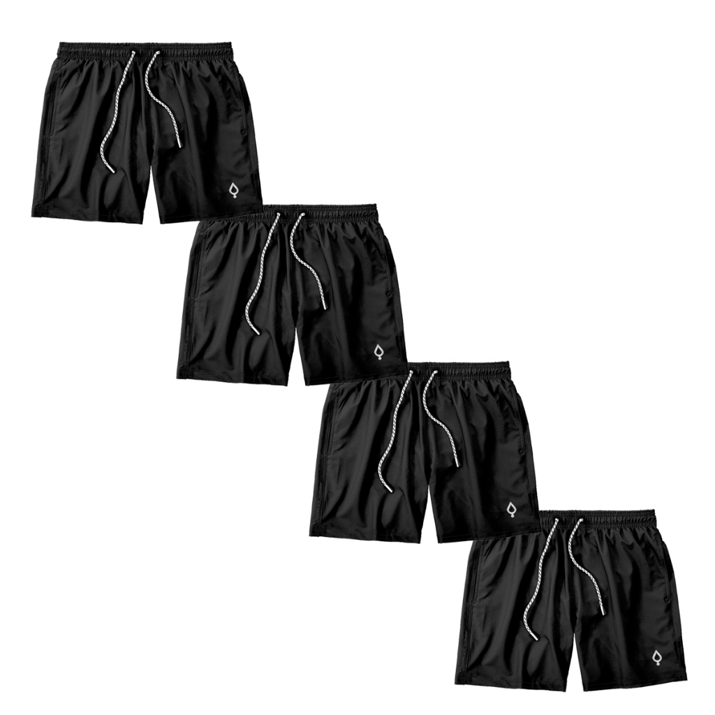 KIT com 4un Shorts Básico Preto Treino Tactel Elastano com bolsos e cordão
