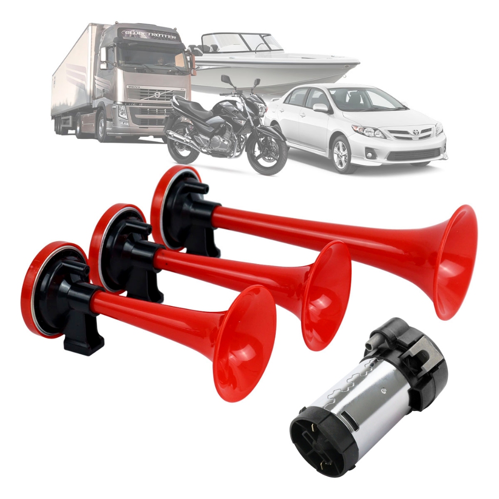 Kit Buzina Verdureiro Completo 3 Cornetas Compressor 12V Som Original Caminhão Carro Som Muito Alto