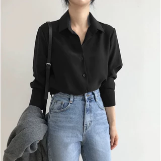Camisa social feminina preta e branca com botão manga longa