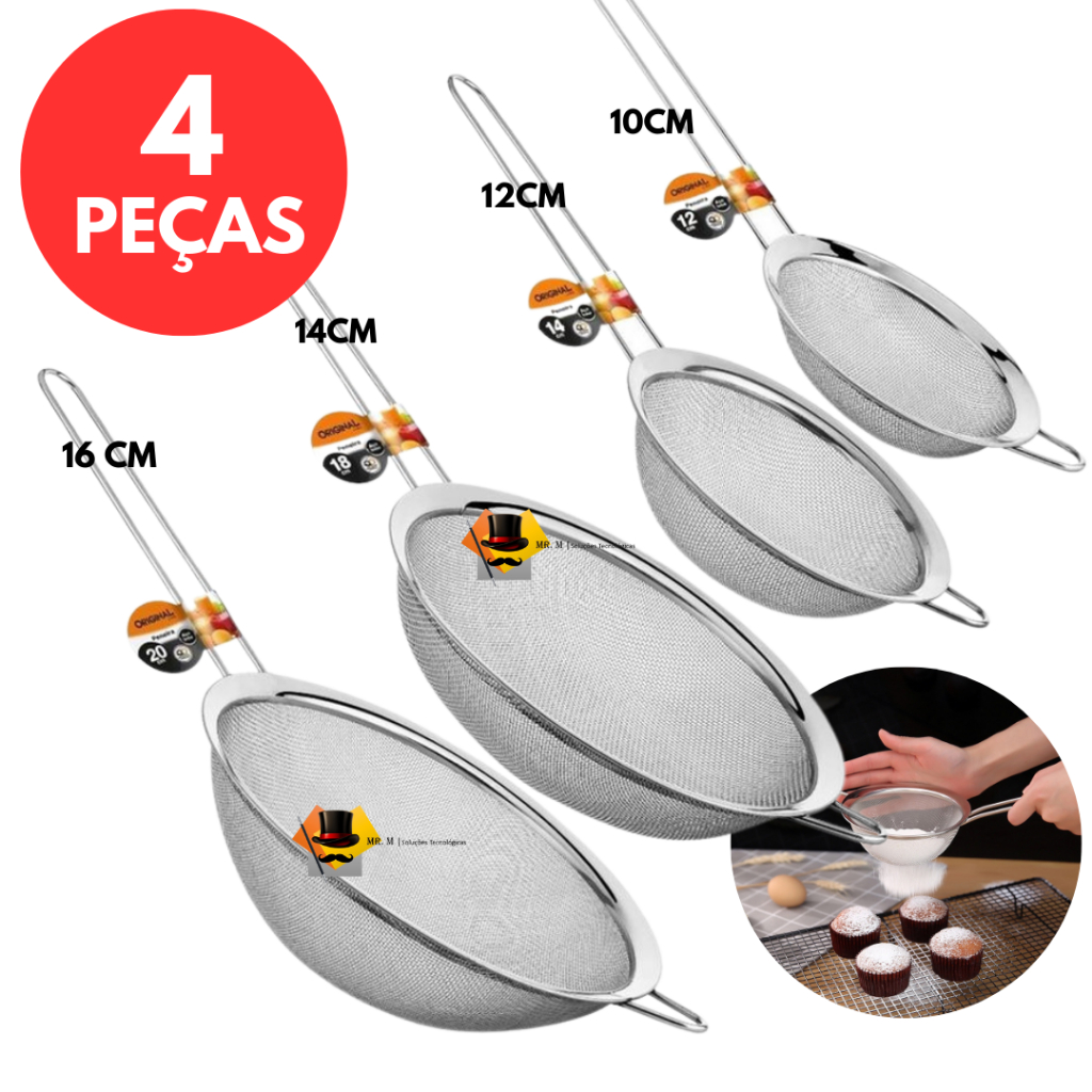 Kit 4 Peneira Coador Em Aço Inox Para Cozinha, Conjunto De Peneiras
