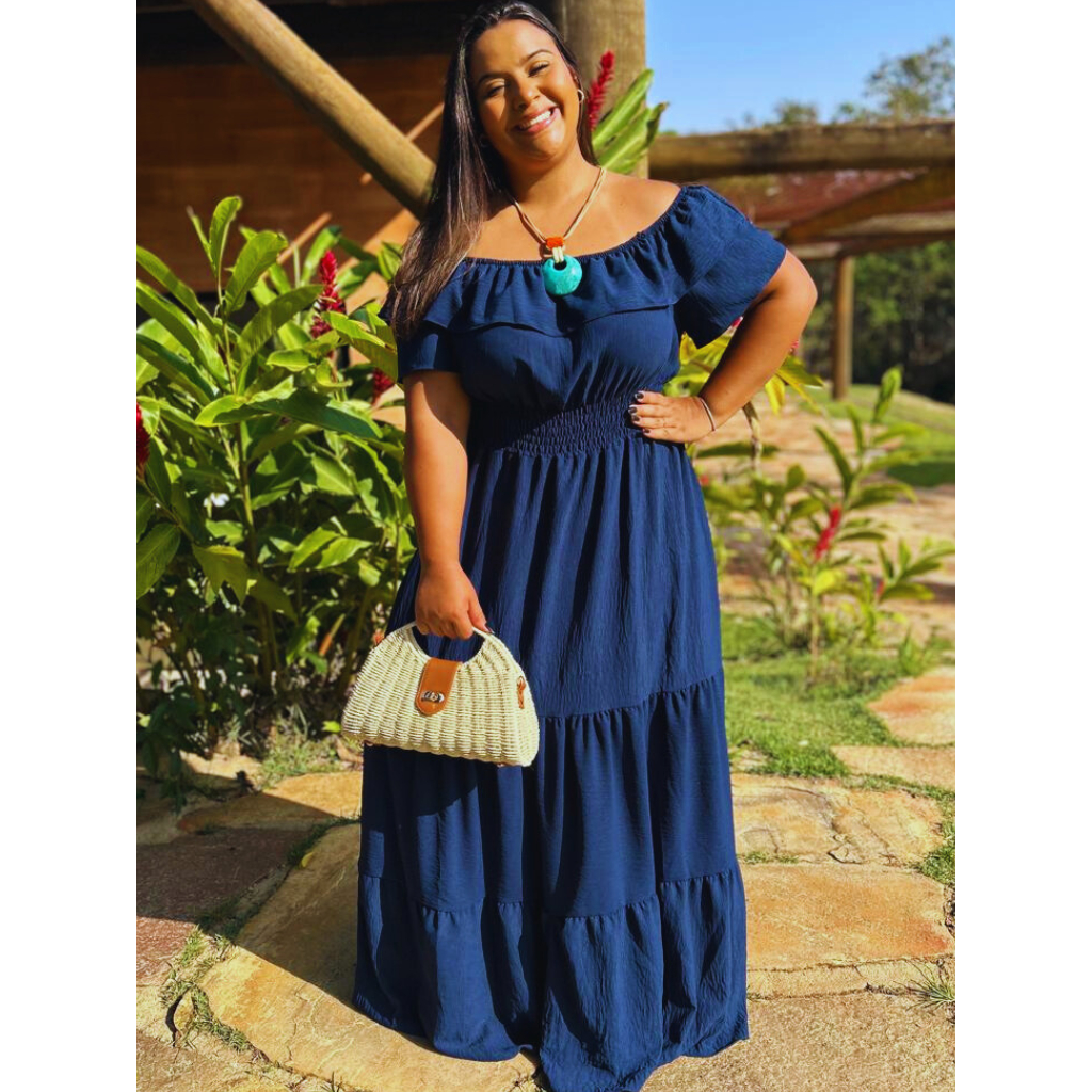 VESTIDO PLUS SIZE LONGO FEMININO CIGANINHA OMBRO À OMBRO LASTEX