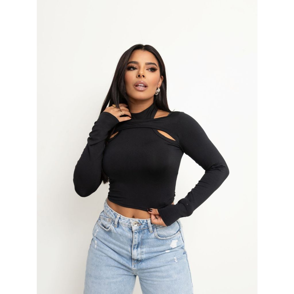 Cropped Feminino Top Assimétrico Gola Alta Manga Longa Recortes Chic Balada Festa Festival Tendência Gringa
