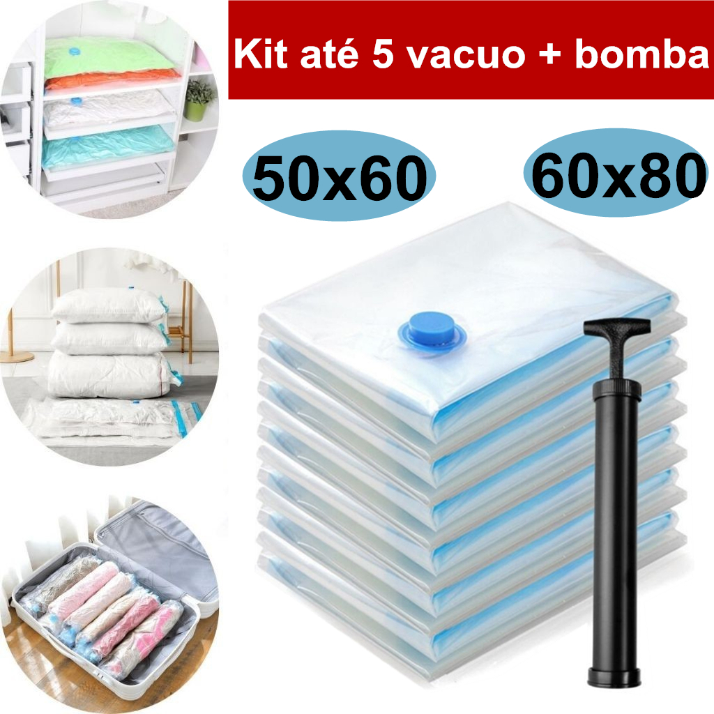 Kit 5 Saco À Vácuo Organizador + Bomba Manual Organização de Guarda ...