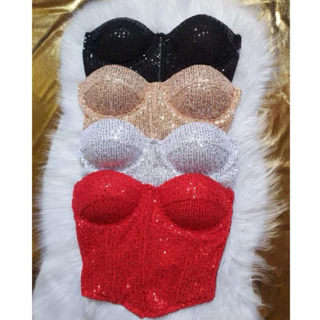 Blusa Cropped Tomara Que Caia Faixa Top Tendência Brilho Paetê Natal Final De Ano Com Bojo