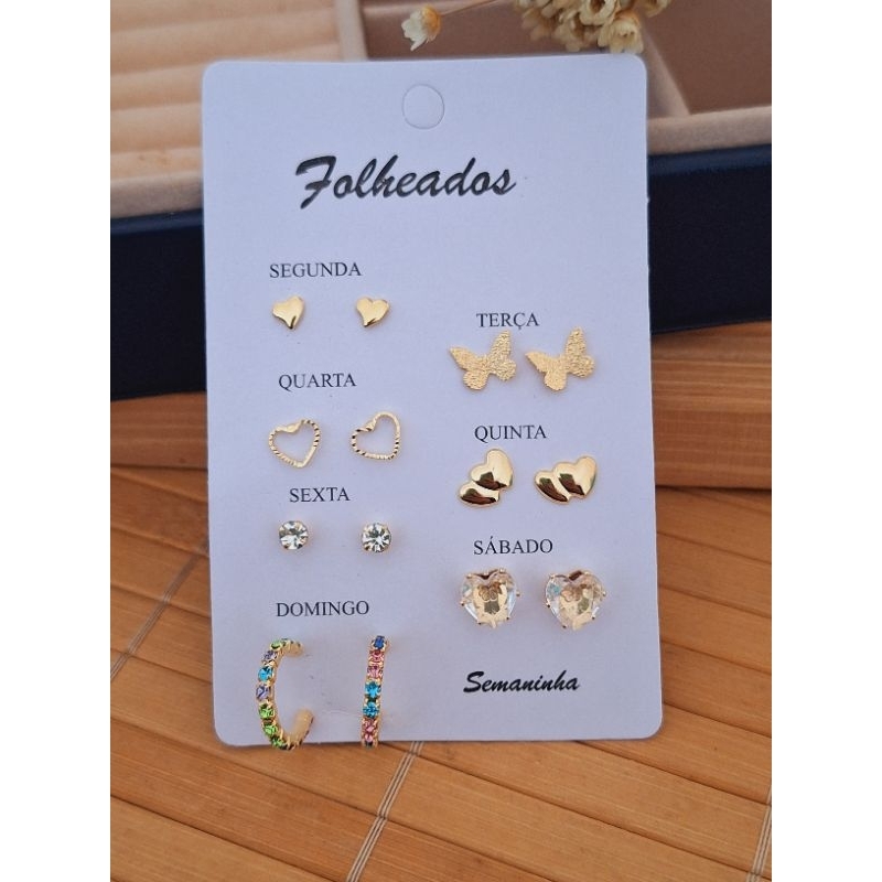 Semaninha Cartela 07 Pares de Brincos Folheado a Ouro