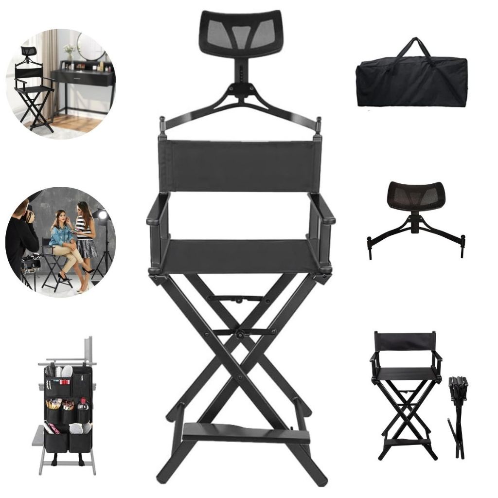 Cadeira diretor maquiador alta com enconsto de cabeça de aluminio preto dobrável e portátil para pessoas de até 180KG