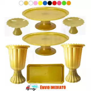 KIT C/7 DECORAÇÃO MESA FESTA 2 BOLEIRA 21 cm 2 VASOS GREGO 1 BANDEJA RETANGULAR 2 MINI CAKE