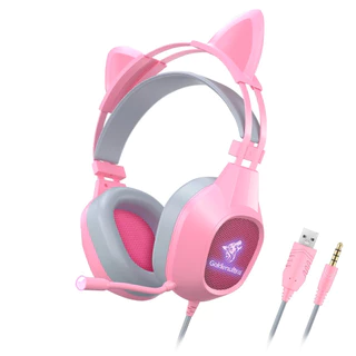 Fone Headset Gamer Gatinho com Fio e LED RGB Fone de ouvido- Orelhas Removíveis, Microfone e Controle de Volume