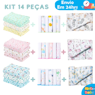 Kit Enxoval de Bebê 14 Peças 100% Algodão 6 Paninhos de Boca 5 Fraldas de Pano 3 Cueiro Flanelado Estampado Infantil