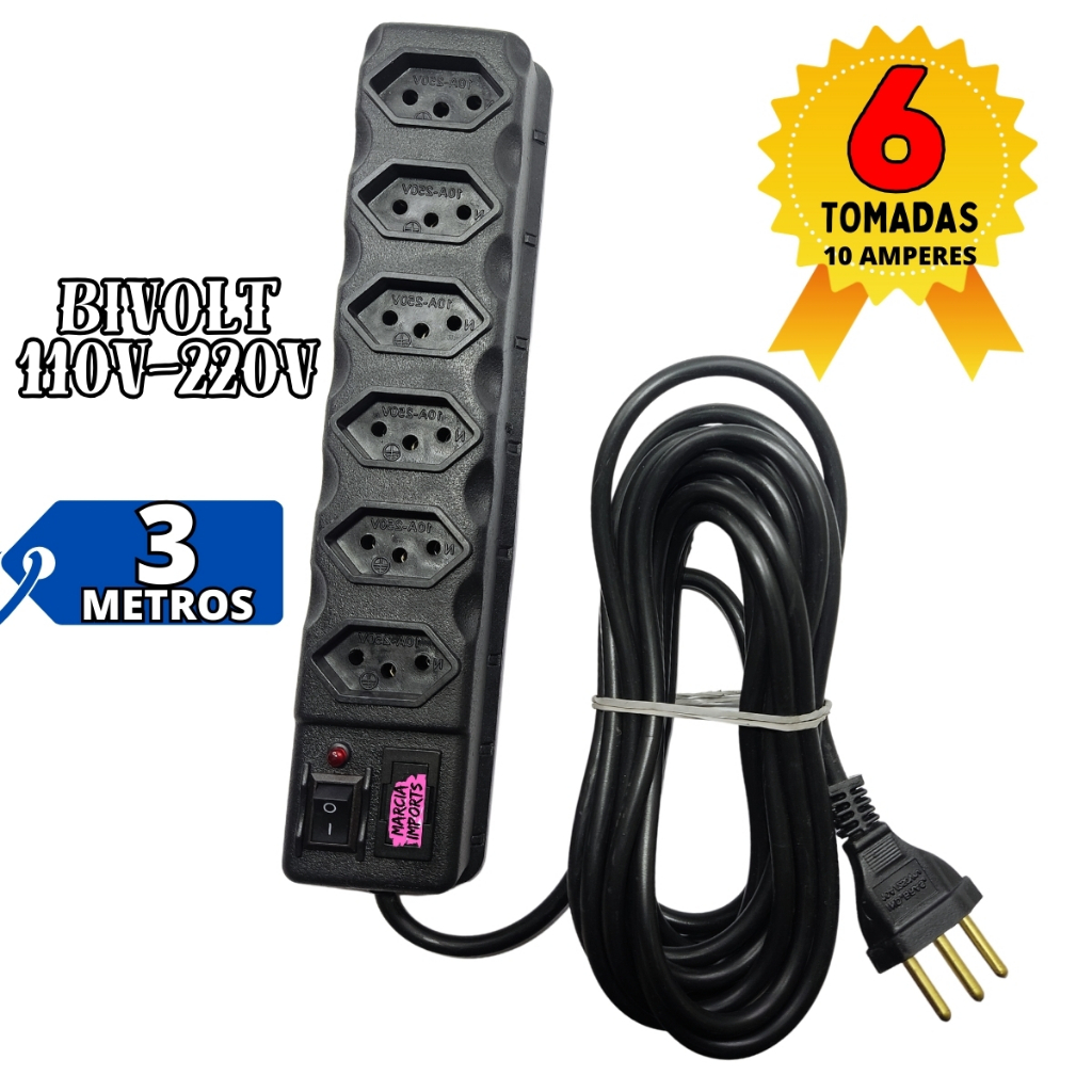 Regua Eletrica de 6tomadas com 3 metros de cabo Filtro De Linha Bivolt com Fusivel Plug Tripolar