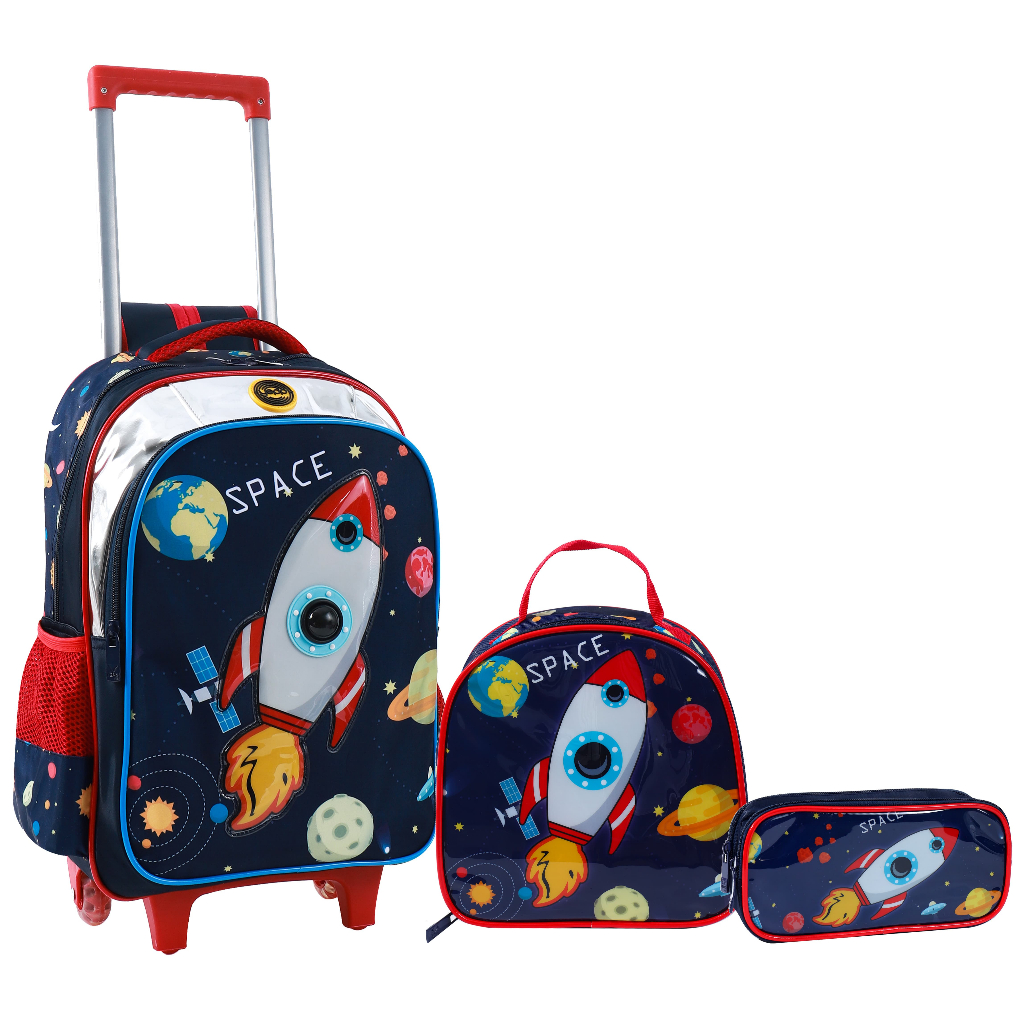 Kit Mochila Infantil Menino de Rodinha Foguete Escolar Space Com ...