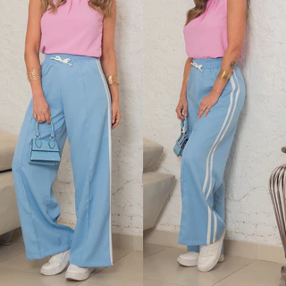 Calça Feminina, Track Pants, Wide leg, Listra lateral Alfaiataria.