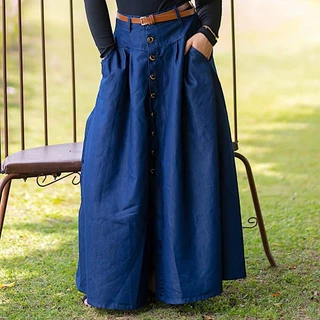 Saia Longa Jeans Leve Alta Qualidade com Cinto de Couro e Botões Dourados Elegante Conforto Ref 1226