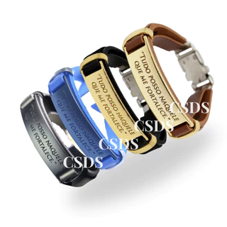 Pulseira Masculina de Couro Sintético Tudo Posso Naquele Que me Fortalece Religiosas fecho de aço