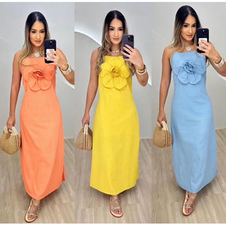 Vestido longo feminino flor no busto tendência verão elegante sofisticado