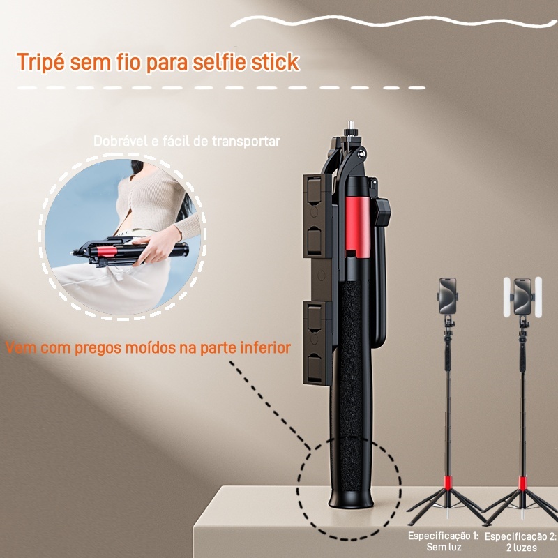 Bastão de selfie tripé sem fio, 1.8m, dobrável, bluetooth, bastão de selfie, tiro estável em tempo real