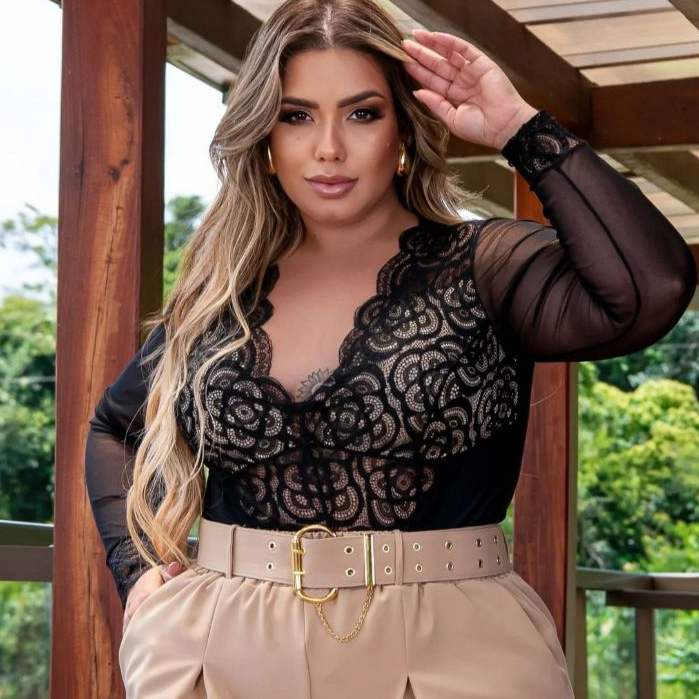 body bori manga longa plus size renda bojo decote luxo blusa