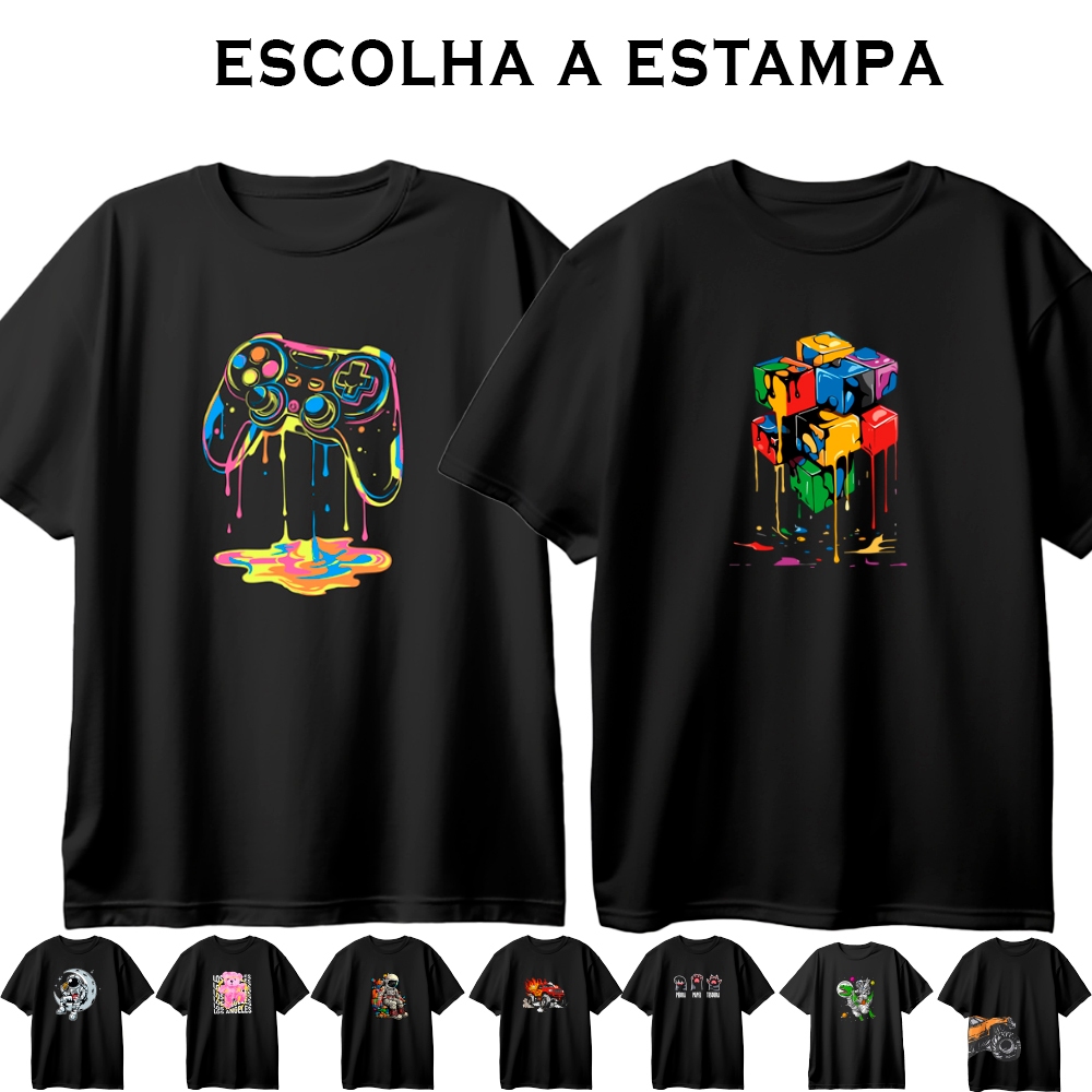 Camiseta Infantil e Juvenil Menino e Menina Preta Varias estampas modernas 4 a 16 anos