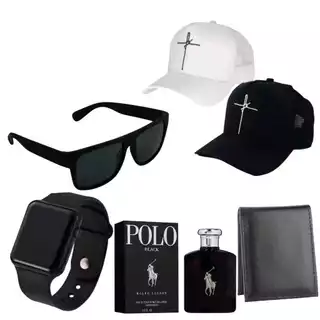 Kit Masculino Fragância + Óculos + Carteira + Boné Fé + Relógio Digital Prova D'água Mega Promoção