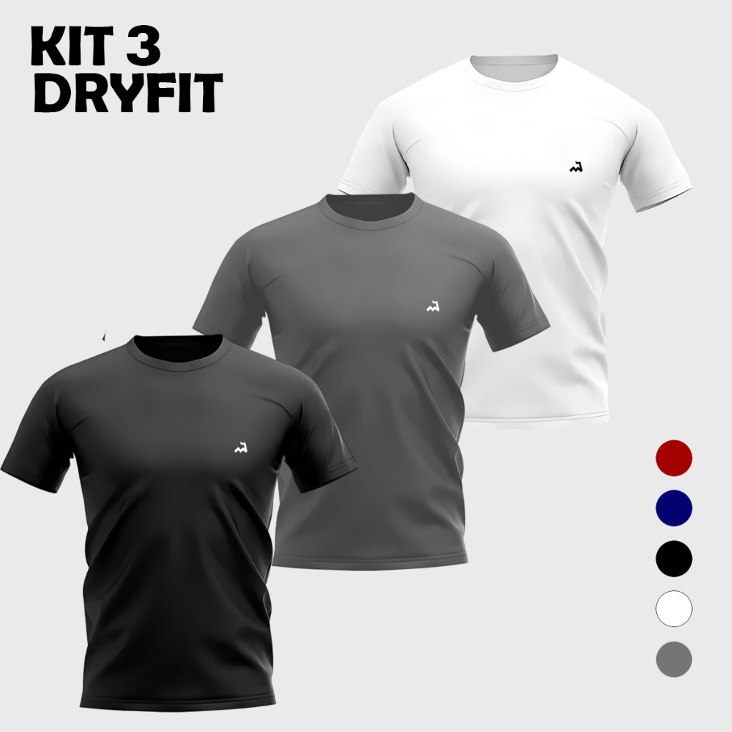 Kit 3 Camisetas Dry Fit Masculina Manga Curta Fitness Pra Treino Academia e Corrida Drifit Anti Suor