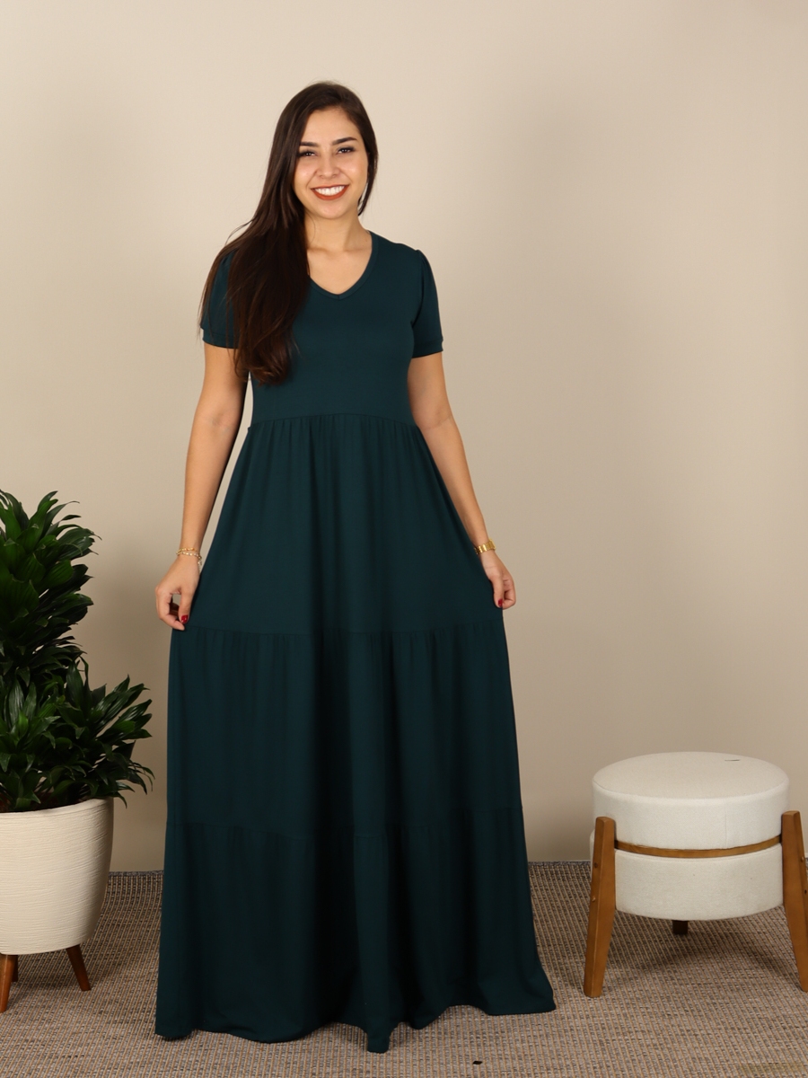 Vestido Longo Três Marias Bata De Babados Casual Manga Curta Viscose  Soltinho Conforto Moda