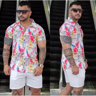 Conjunto Praia 2 Peças Camisa e Shorts Masculino Com Elastano Moda Praia