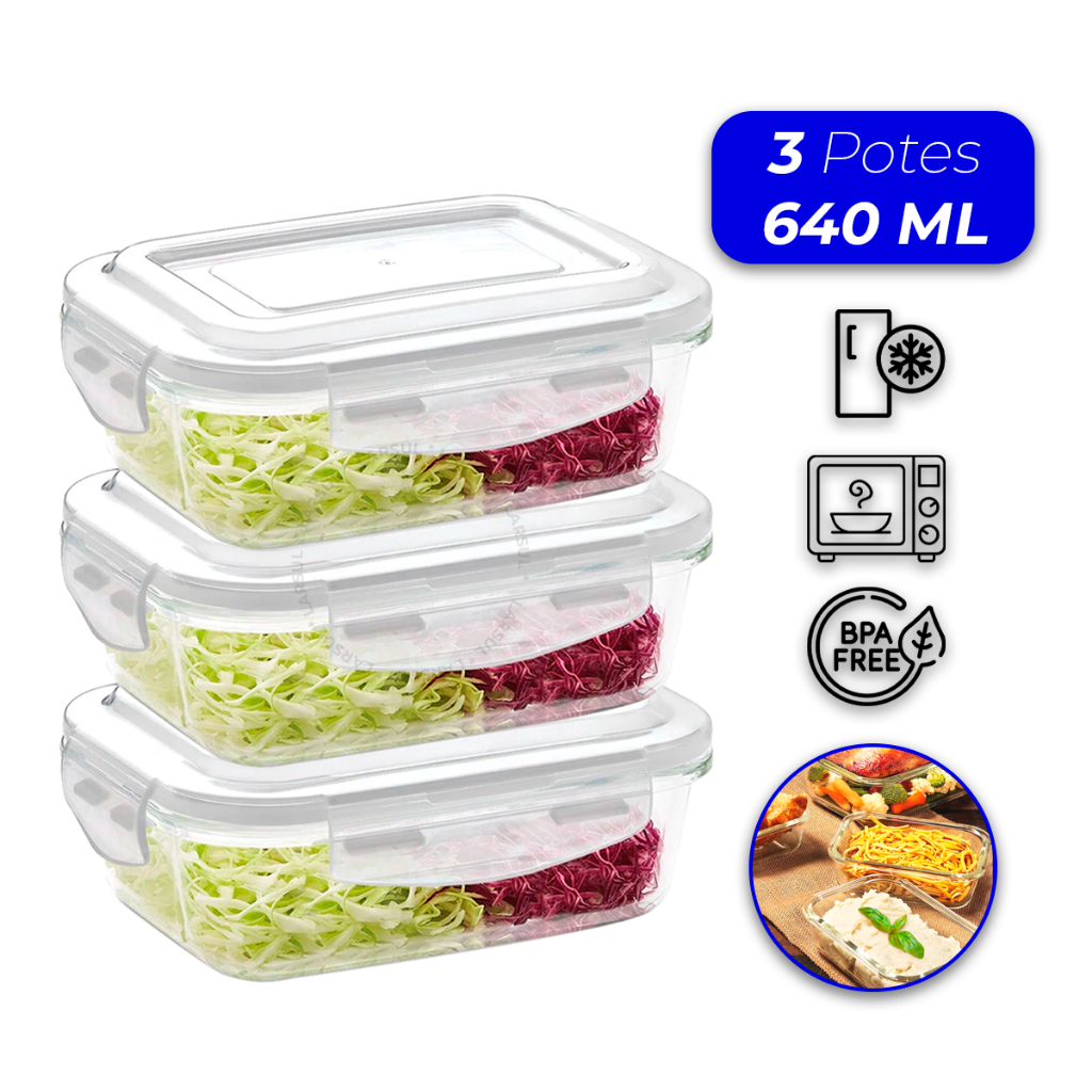 Conjunto 3 Potes Vidro Hermético Mantimentos Marmita 640ml