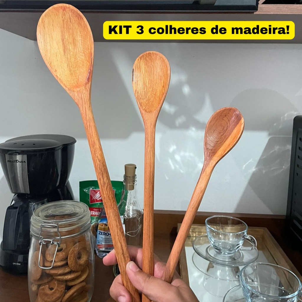 Kit 3 Colher de Pau Cabo Resistente Madeira Trio PMG Utensílio Cozinha