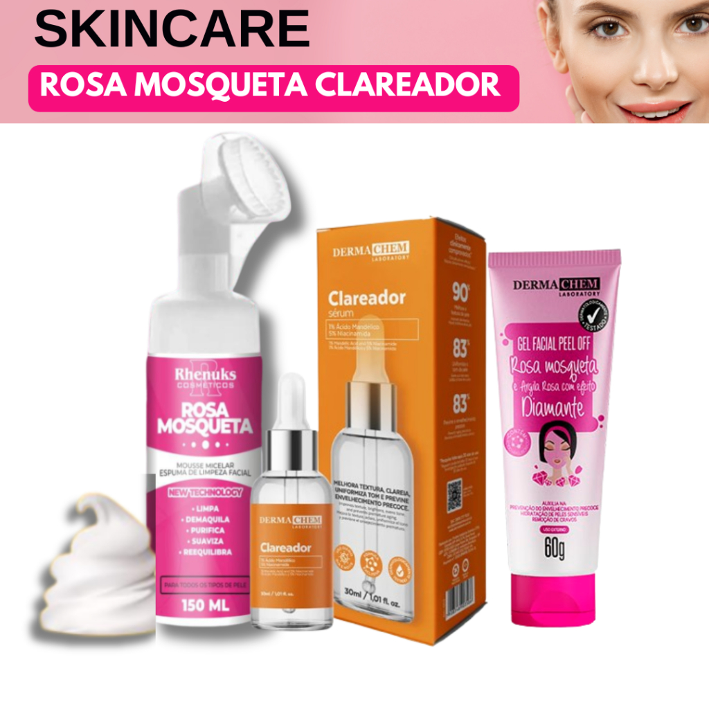 Kit Skincare Mousse Limpeza Facial Rosa Mosqueta+ Sérum Clareador+