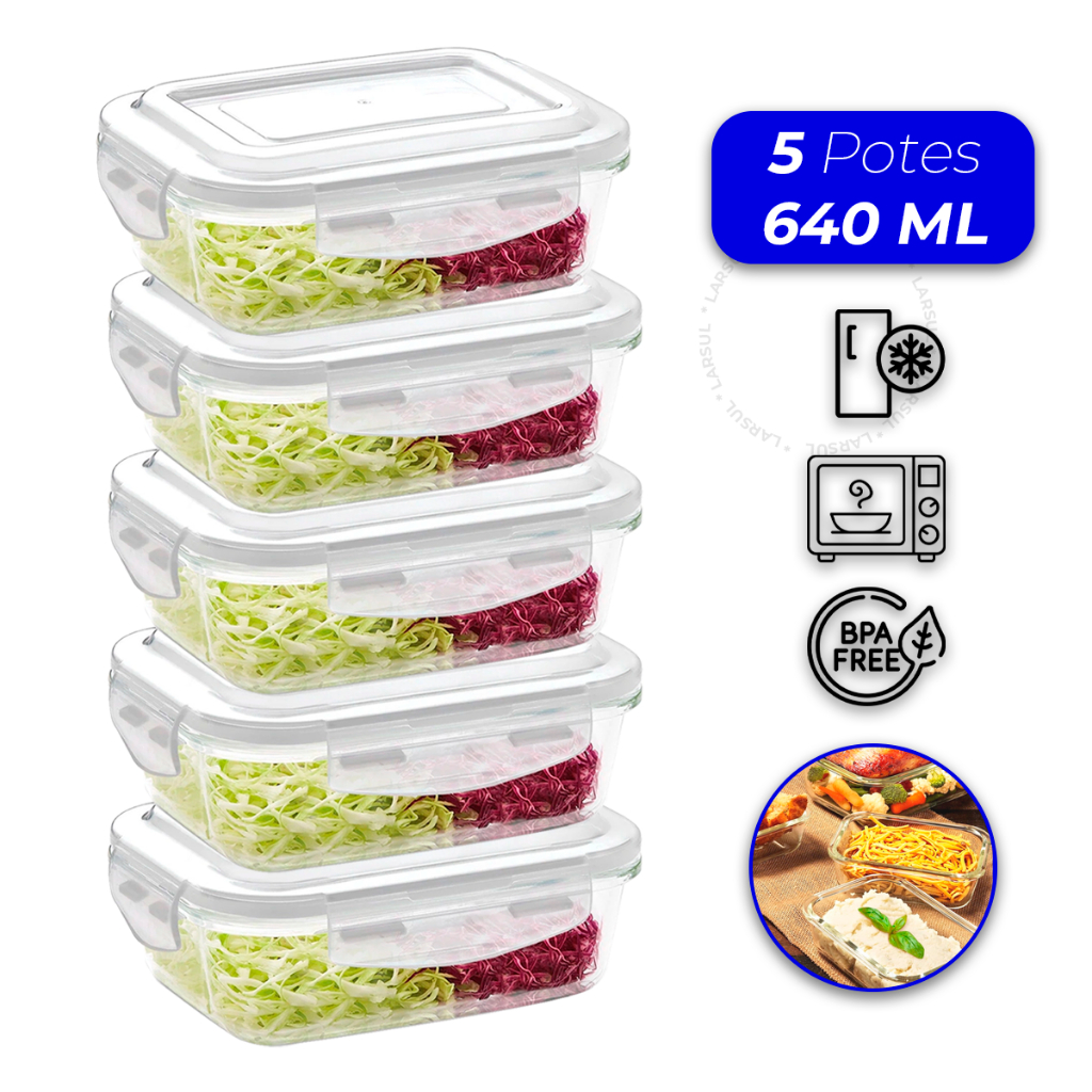 Conjunto 5 Potes Vidro Hermético Mantimentos Marmita 640ml