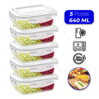 Conjunto 5 Potes Vidro Hermético Mantimentos Marmita 640ml