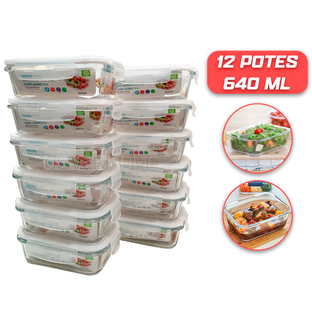 Kit 12 Potes de Vidro 640ml Hermético Marmita Fit com Tampa 4 Travas