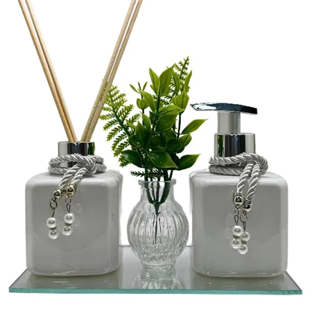 Kit Lavabo Plástico PET Cubo Branco Saboneteira e Difusor Vaso Bandeja