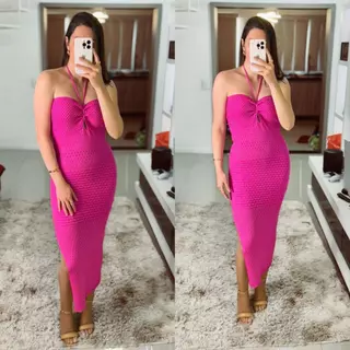 Vestido Feminino Verão Midi Frente Única Modal Liso Trico Amarração No Pescoço Feminina Moura Tricot