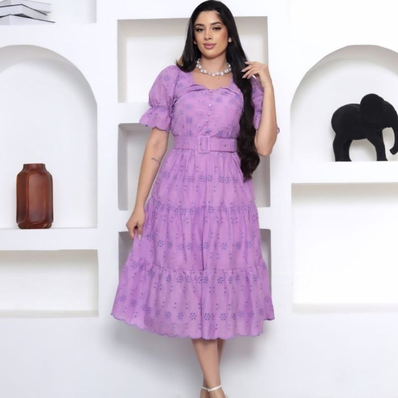 Vestido midi Luxo lese bordado algodão manga curto 2024091183
