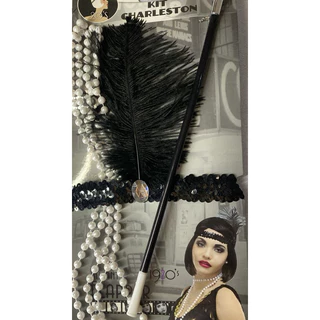 kit fantasia Anos 80 carnaval Melindrosa três peças piteira / faixa para cabelo com pena fina colar de “pérola” (plástico )