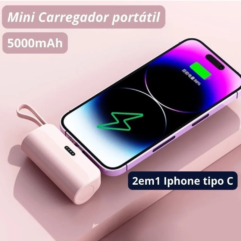 Carregador Mini Power Bank 5000mAh Bateria Sem Fio 2em1 Carregador Portátil para iPhone e Tipo-C