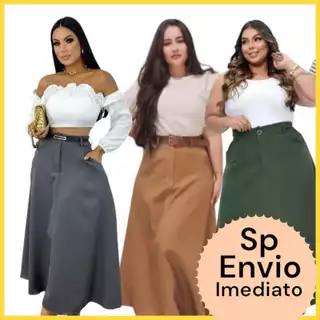 Saia longa alfaiataria feminina rodada com cinto e bolso Saia gode plus size do P ao G3
