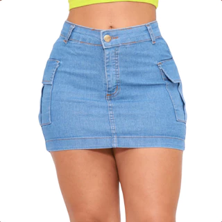 Saia Cargo jeans Feminina Bege Cintura Alta Com Lycra e bolsos laterais Levanta Bumbum