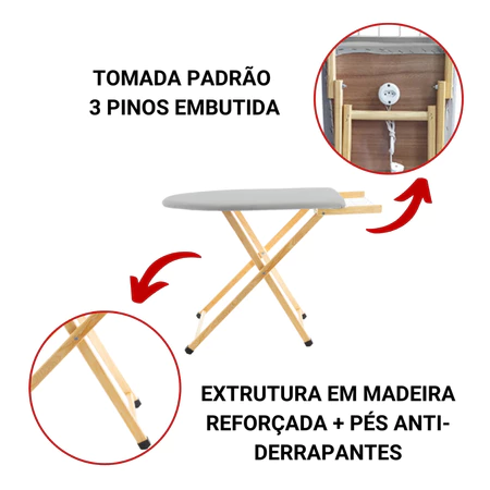 Mesa de passar roupa de madeira com detalhes de estrutura reforçada e pés anti-derrapantes