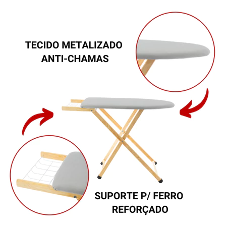 Mesa de passar roupa com tecido metalizado anti-chamas e suporte para ferro reforçado