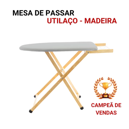 Mesa de passar roupa de madeira com porta-ferro e tomada, vista frontal