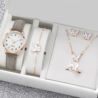 Conjunto Relógio Feminino Kit Colar Brinco Pulseira Anel Preto Relogio Femenino Bijuterias Femininas