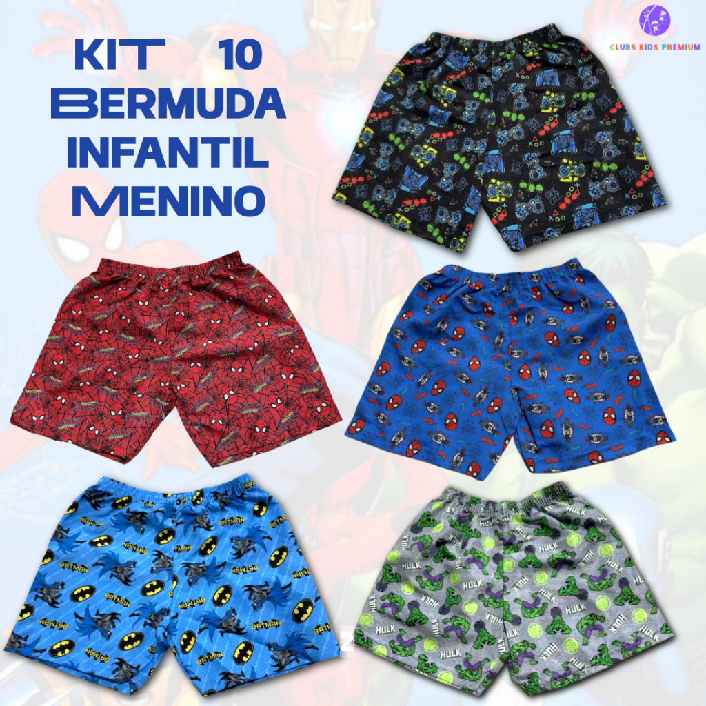 Kit 10 Peças Bermudas Infantil Menino Sortidas Heróis