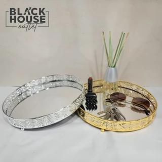 Bandeja Decorativa Luxo Espelhada em Metal Redonda Banheiro Lavabo Multiuso Casa