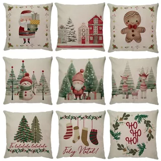 Capa de Almofada Natalina Decoração de Natal Festa Enfeite Papai Noel Renas Boneco de Neve Linho Estampado 43x43cm