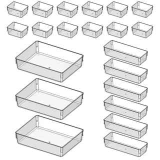 Kit 21 Organizadores Acrílico Cristal Modular Para Geladeiras Gavetas Armários e Maquiagens