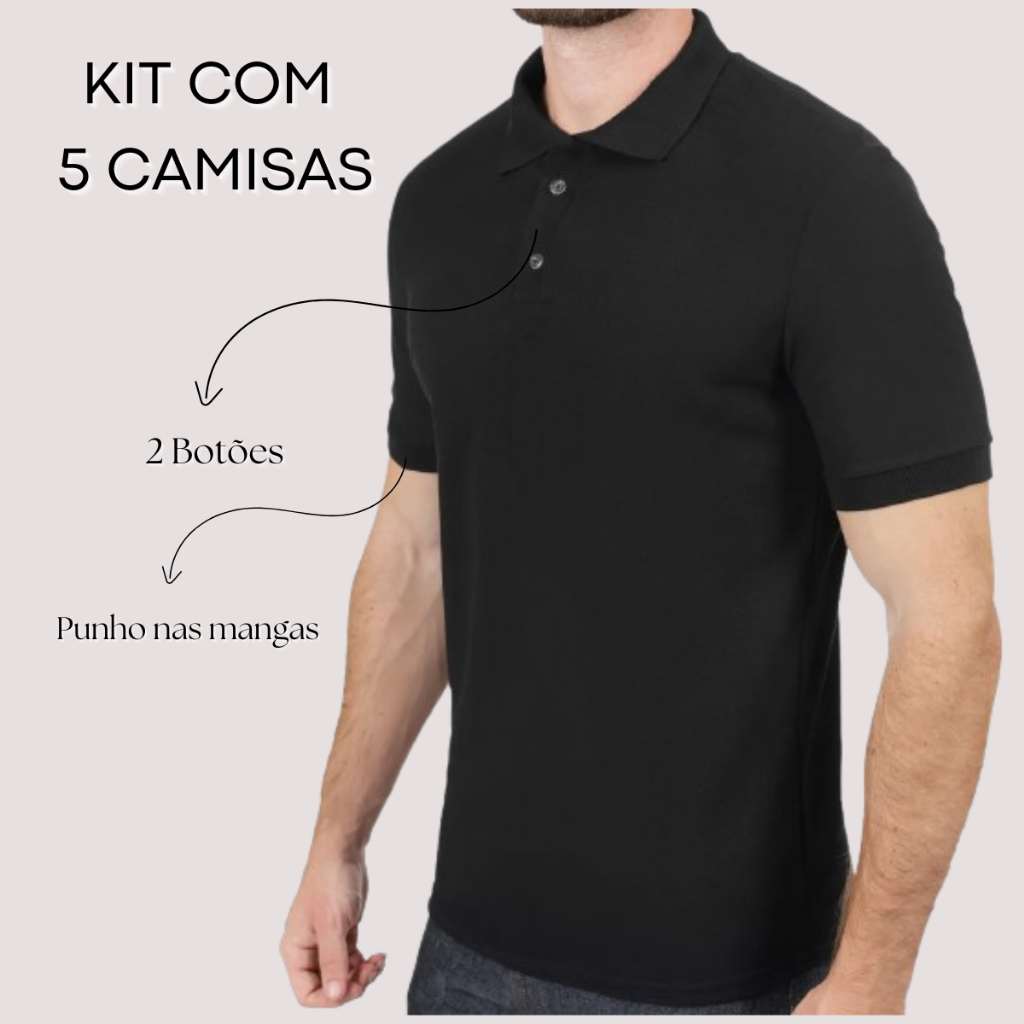 Kit 5 Camiseta Gola Polo Masculino Malha Piquet Poliéster
